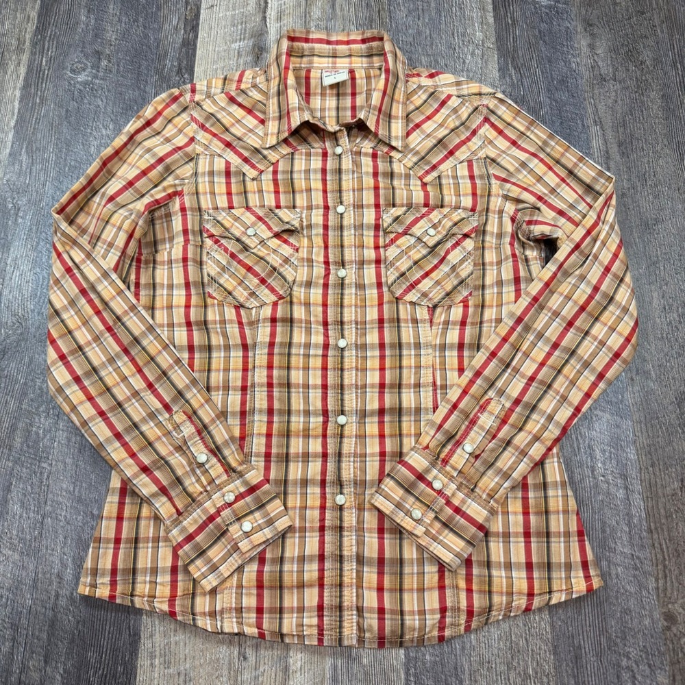 True Religion Long Sleeve Western Shirt Women Large Tan Red Plaid Pearl Snap